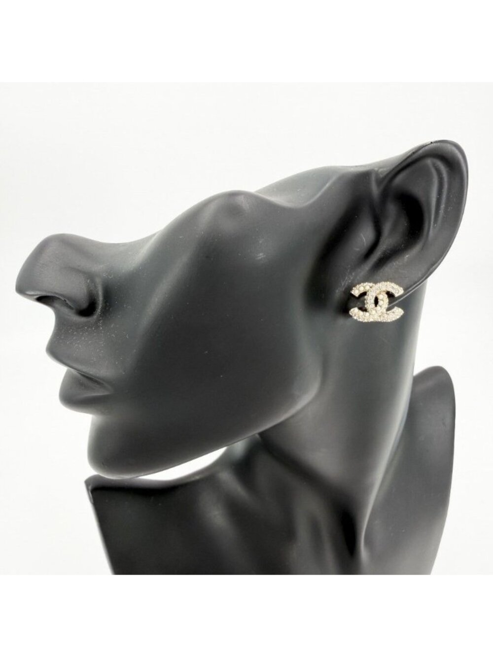 Chanel Earrings CC Logo Line Stone Faux Pearl Gold Plated White - Picture 2 of 8